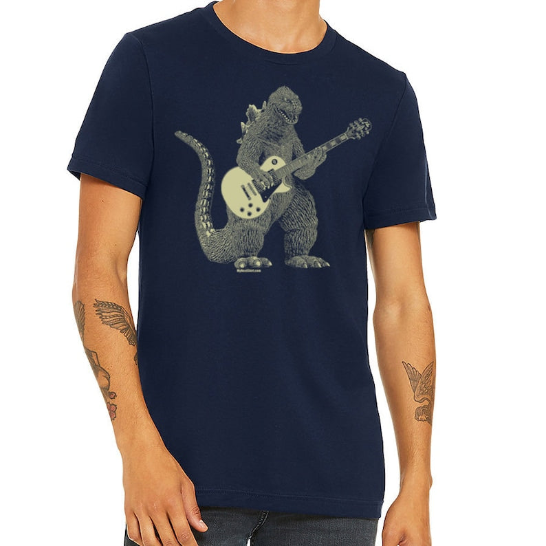 Godzilla Playing Guitar Shirt Dinosaur Cool Tee