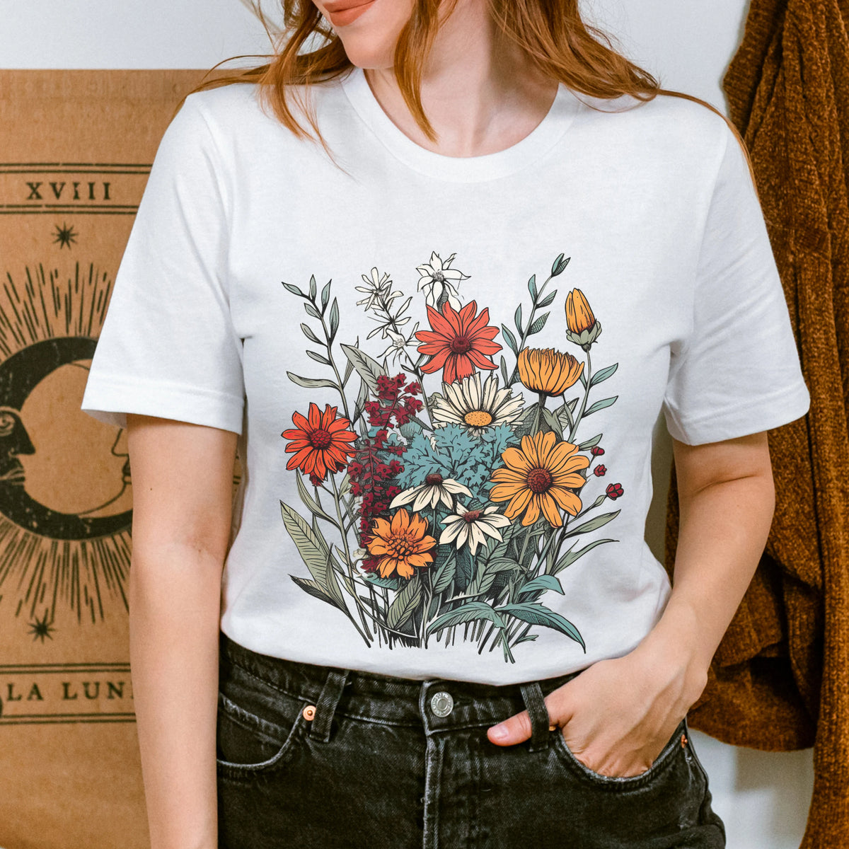 Wildblumen-Minimalist-Line-Art-Blumen-T-Shirt
