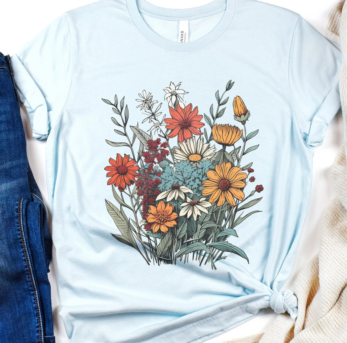 Wildflower Minimalist Line Art Floral T-Shirt
