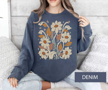 Böhmisches Blumen-Sweatshirt, Wildblumen-Kuschelpullover