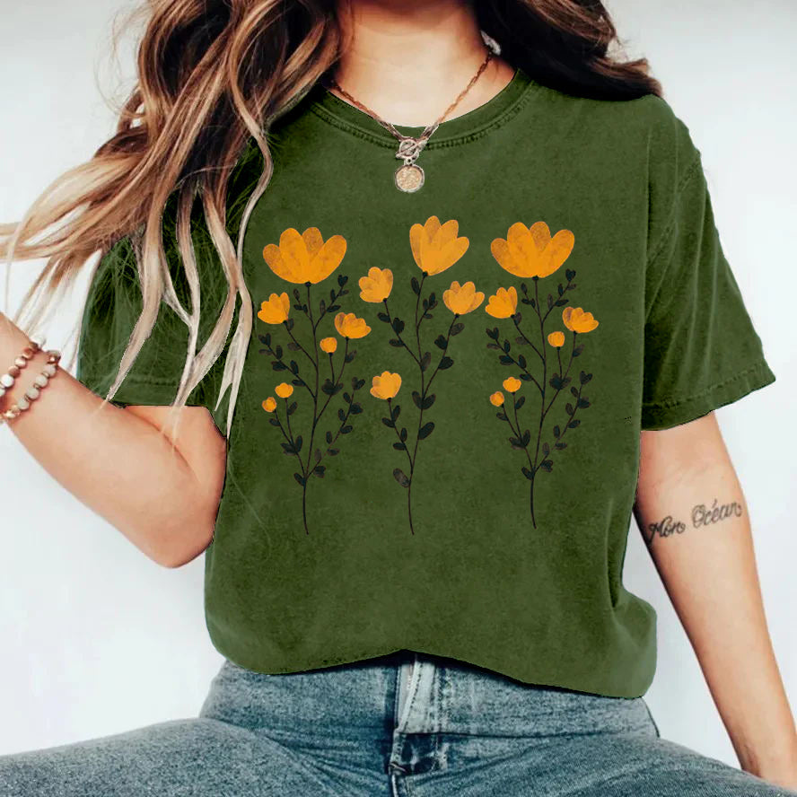 Gelbes Blumen- und Stiel-T-Shirt