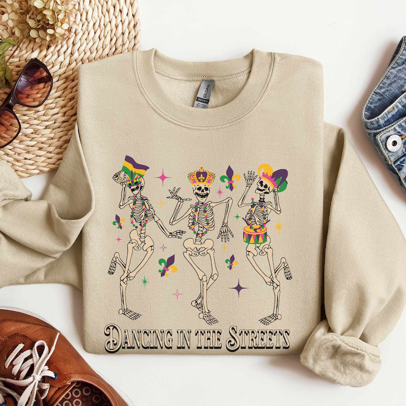Mardi Gras Sweatshirt with Dancing Skeletons