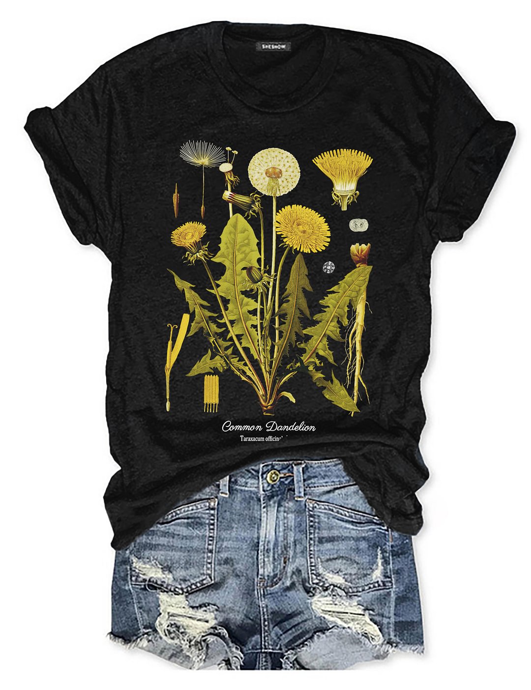 Gelbes Blumen-T-Shirt mit botanischer Kunst