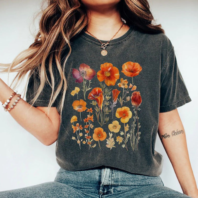 Orange gepresstes Wildblumen-Boho-Blumen-Sweatshirt
