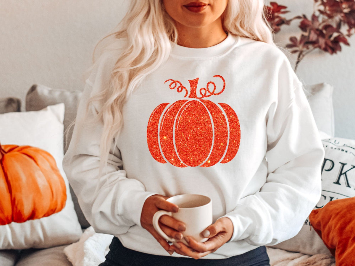 Herbstliches orangefarbenes Glitzer-Kürbis-Erntedank-Sweatshirt