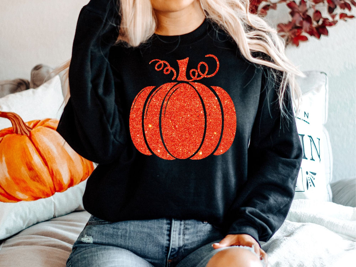 Herbstliches orangefarbenes Glitzer-Kürbis-Erntedank-Sweatshirt