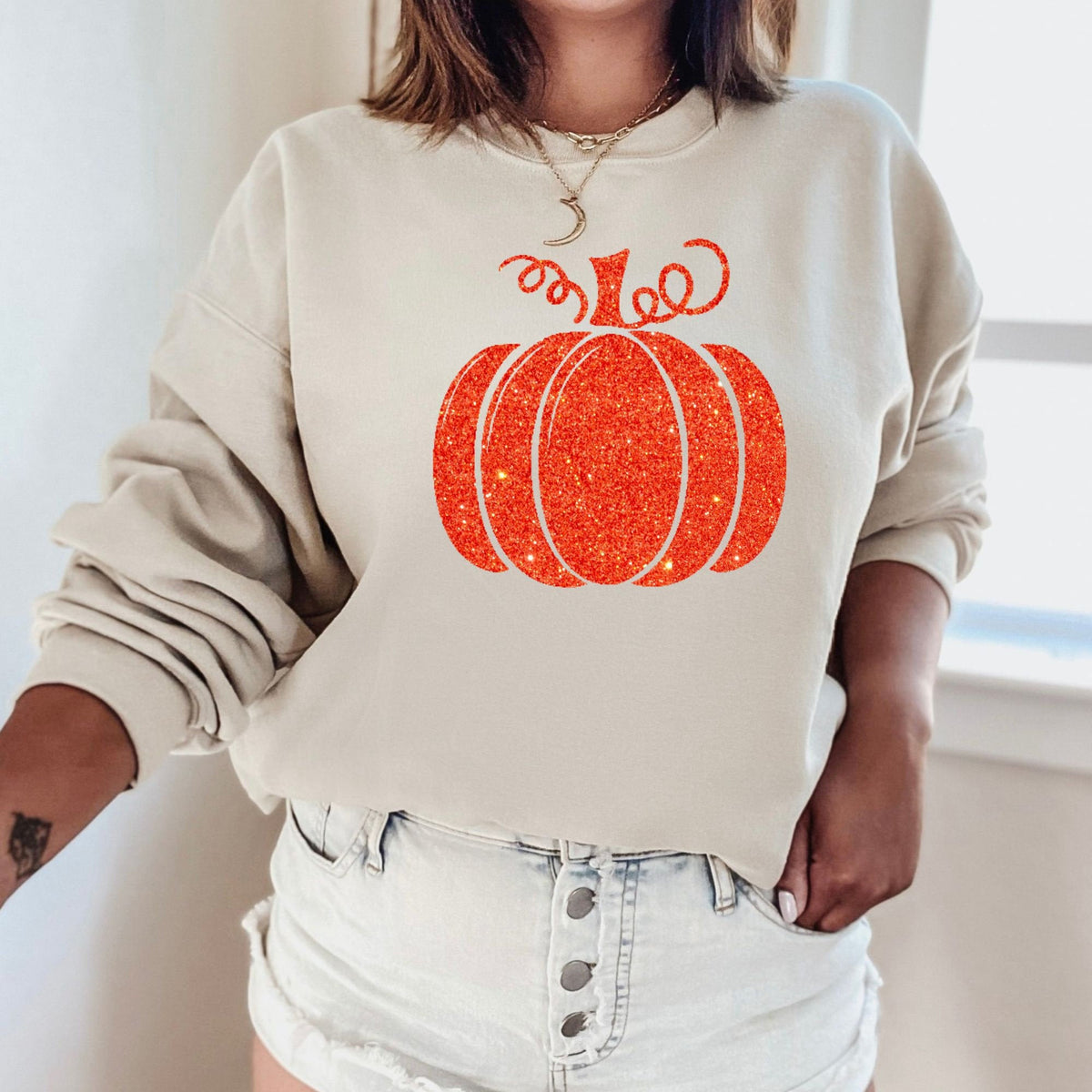 Herbstliches orangefarbenes Glitzer-Kürbis-Erntedank-Sweatshirt