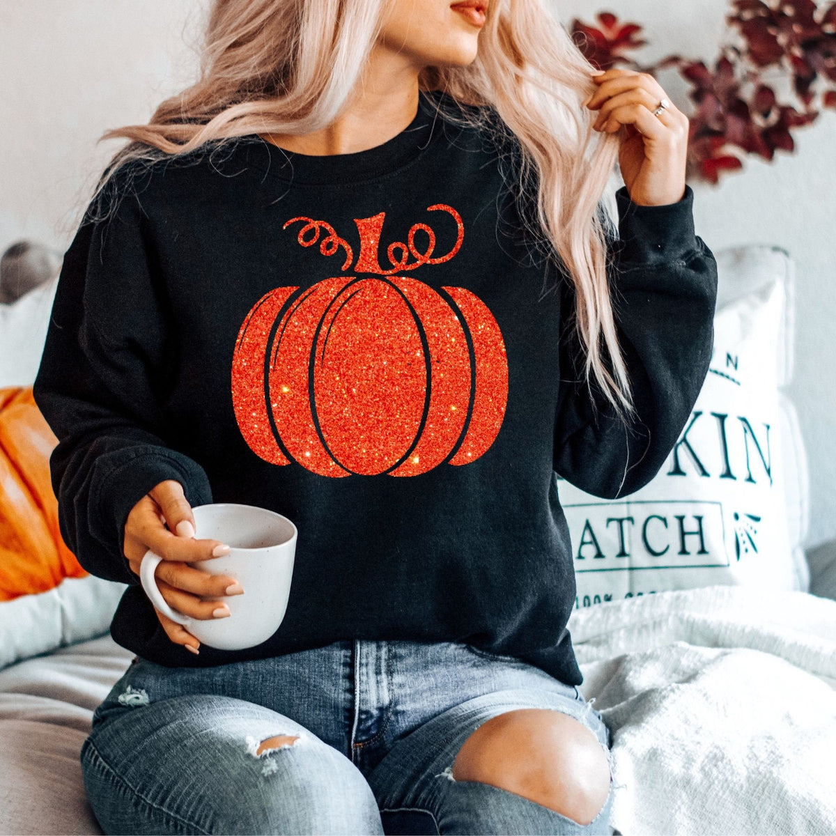 Herbstliches orangefarbenes Glitzer-Kürbis-Erntedank-Sweatshirt
