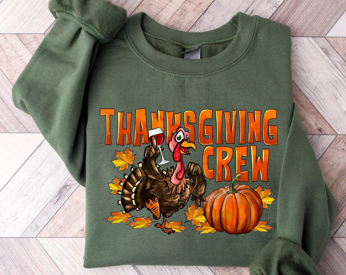 Bequemes Thanksgiving-Sweatshirt mit Truthahn und Kürbis-Rundhalsausschnitt