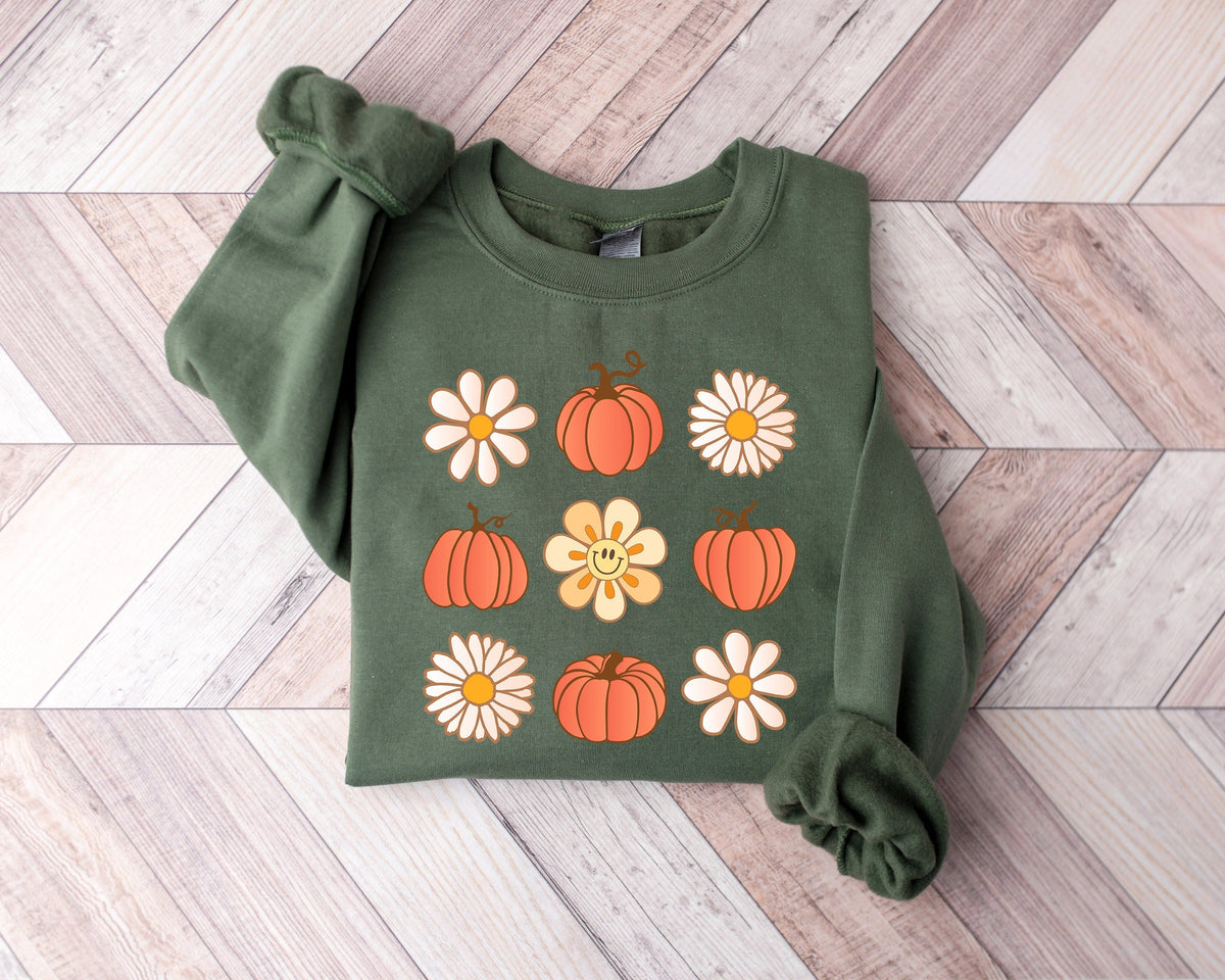 Süßes bequemes Rundhals-Sweatshirt mit Blumen und Kürbissen