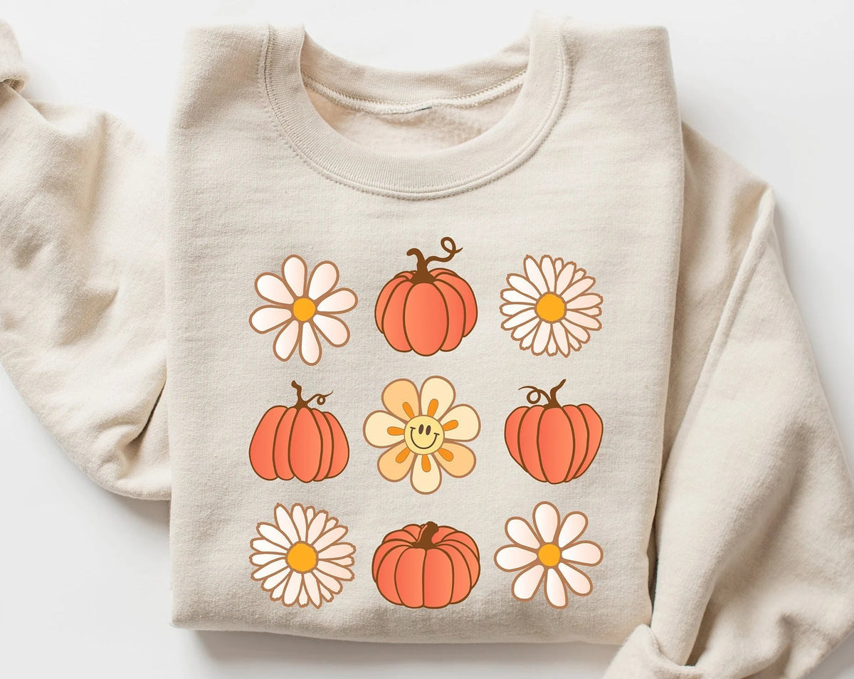 Süßes bequemes Rundhals-Sweatshirt mit Blumen und Kürbissen