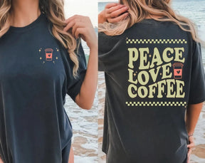 Peace Love Coffee Retro Comfortable Round Neck T-Shirt