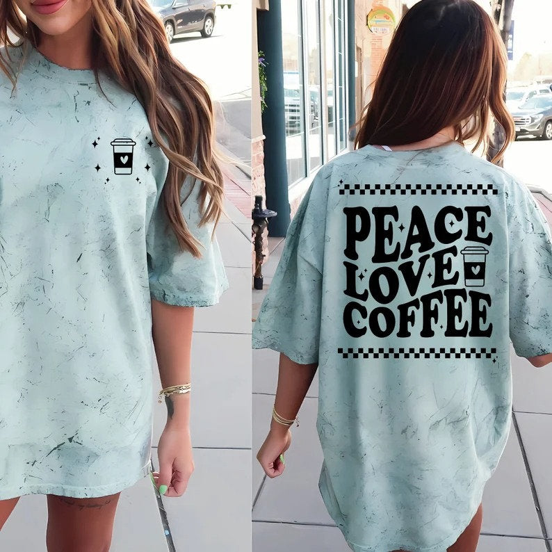 Peace Love Coffee Retro bequemes Rundhals-T-Shirt
